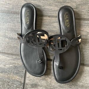 Lauren Ralph Lauren Black Leather RL Logo Thong Sandals